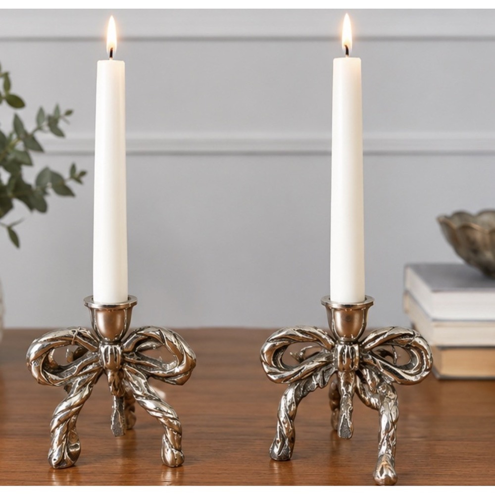 Set of 2 Silver Bow Candlestick Holders, Resin, New with Tags, NWT